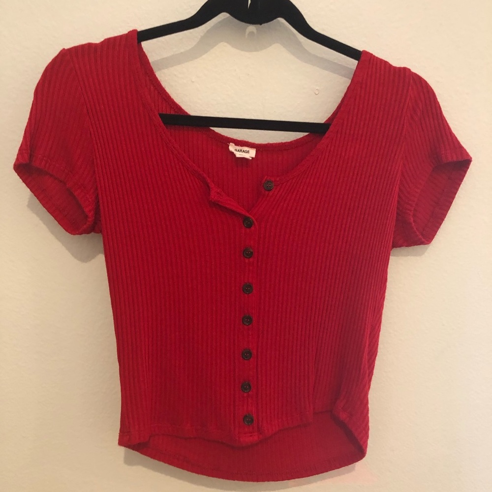 Garage Red Button-Up Cropped Tee